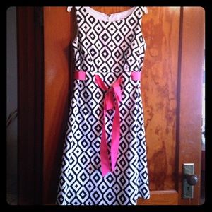 Dressbarn black white pattern dress with pink belt